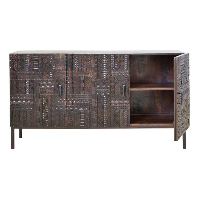 Macedonia Sideboard - Carved Dark Mango Wood - 3 Door - Medium - 150cm
