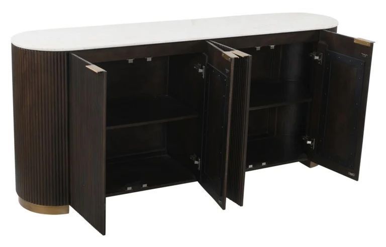 Mayfield White Marble Top Extra Large Sideboard - Dark Wood Fluted Base