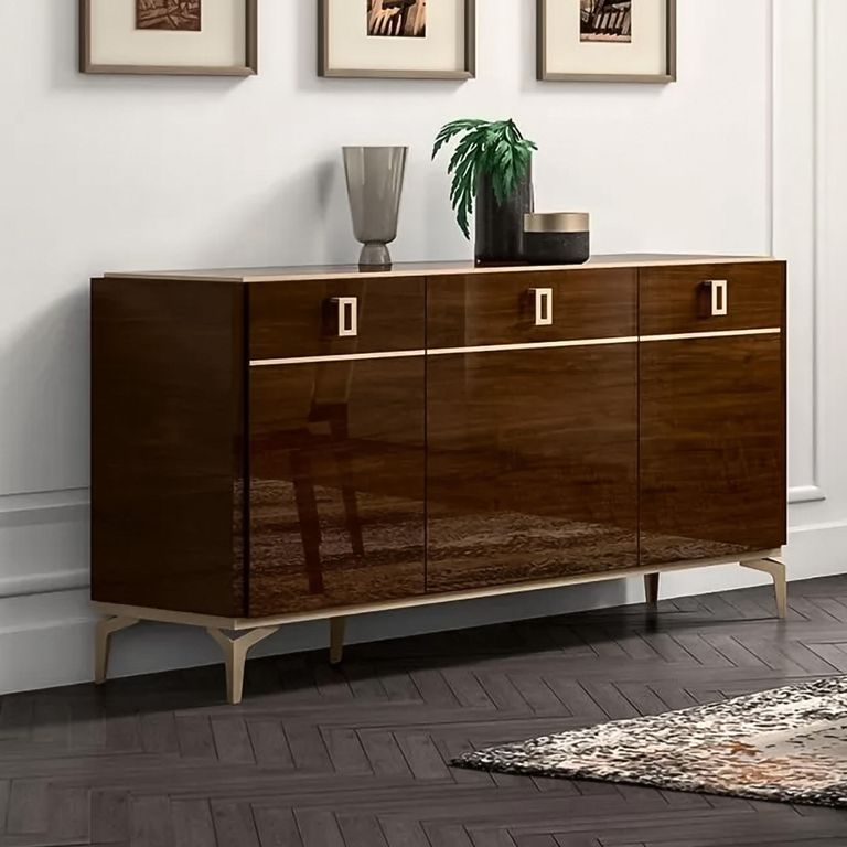 Modern Eva Medium Buffet Sideboard - 3 Doors - Walnut with Gold Trim