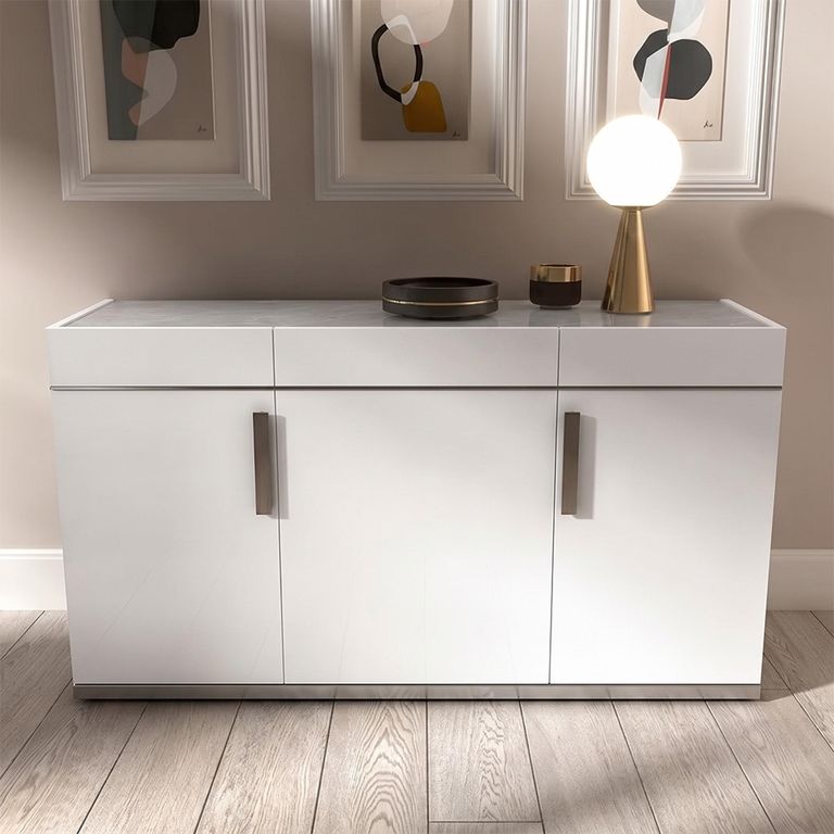Modern Mara White 140cm 3 Door Medium Buffet Sideboard with Metal Handle