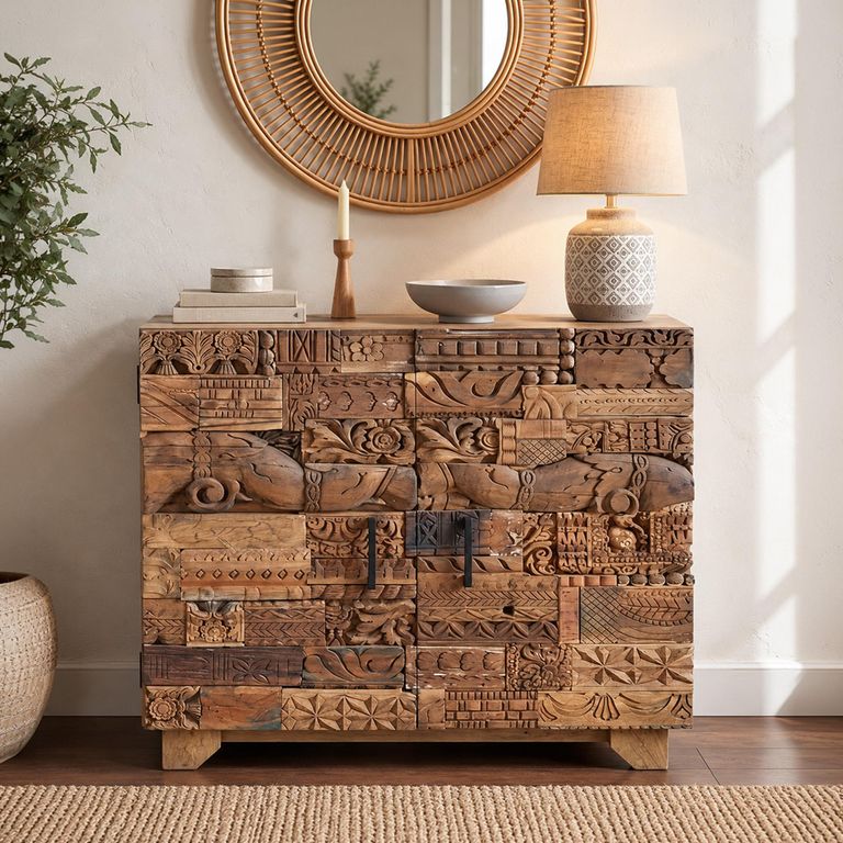 Omao Carved Mango Wood 90cm 2 Door Small Sideboard