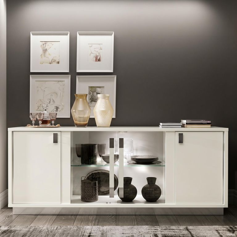 Roma Italian Slim White Glass Door Buffet Sideboard