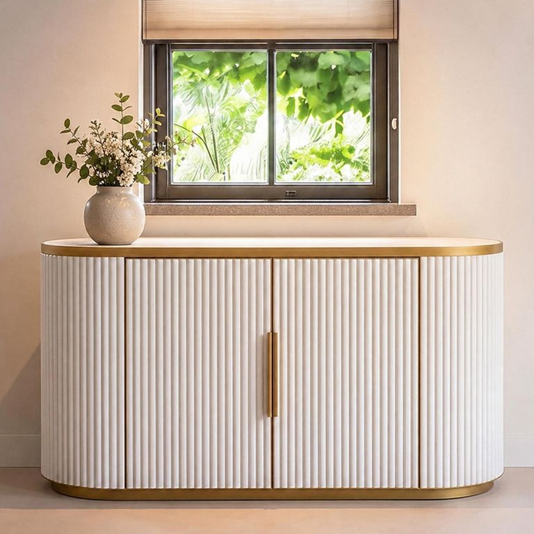 Tivoli Curved Fluted Sideboard - 2 Door - with Gold Trim - White - Ceramic
