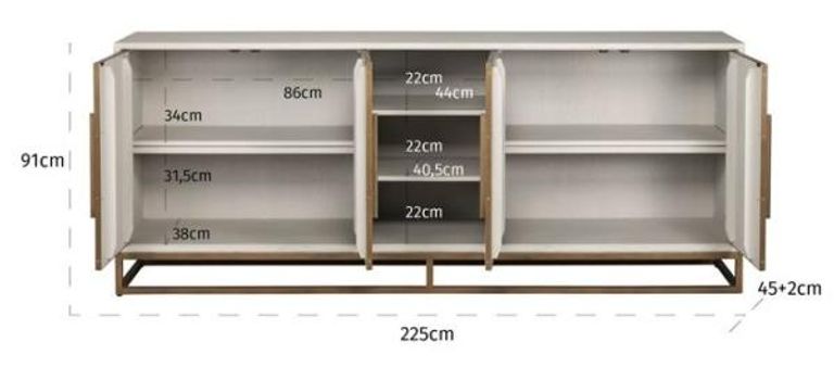 Whitebone Brass 4 Door Sideboard - 225cm