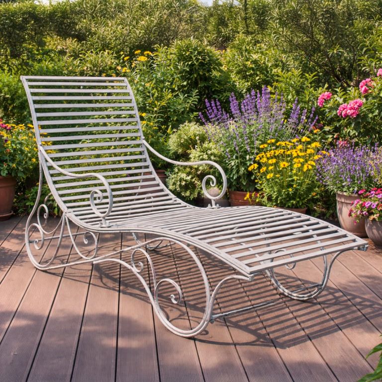 Antique Grey Metal Garden Lounger
