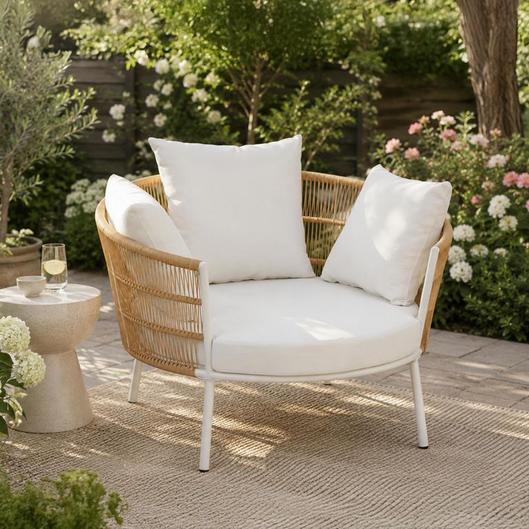 Joa Outdoor Chair - Natural and White - Rattan and Metal