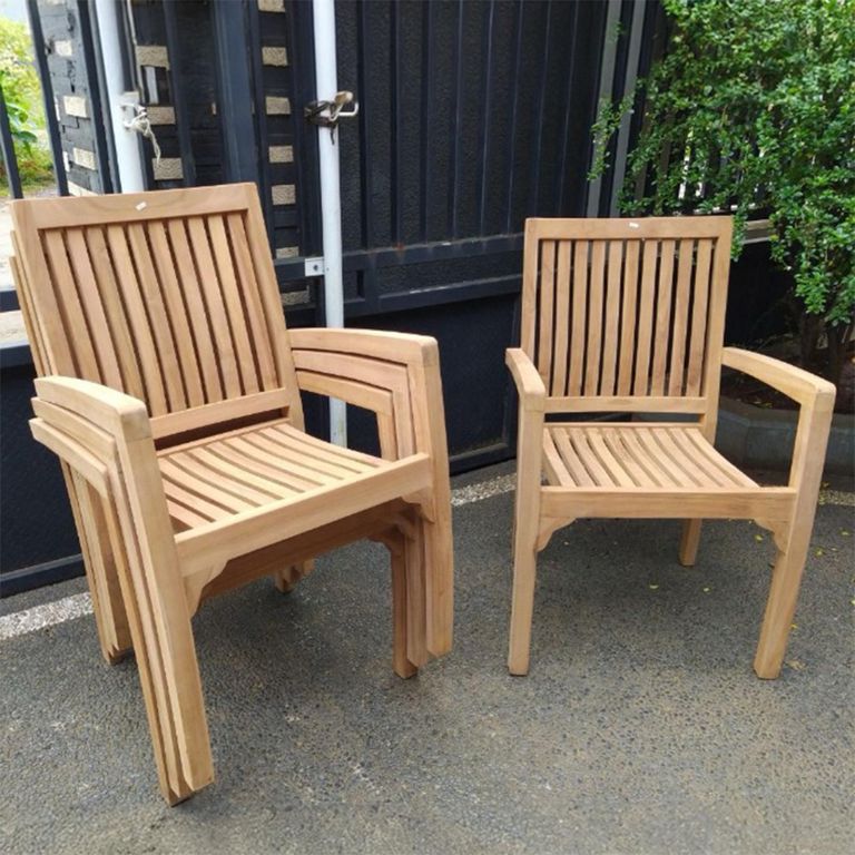 Stacking Garden Dining Armchair - Set of 2 - Slatted - Natural - Teak Wood