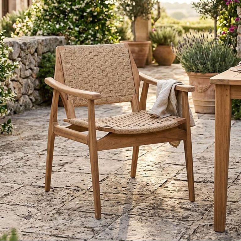 Stacking Silla Garden Dining Armchair - Set of 2 - Natural - Rattan and Teak Wood