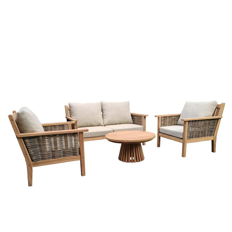 Malaga Garden Lounge Sofa Set - Round Coffee Table - Teak Wood