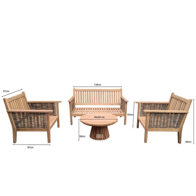 Malaga Garden Lounge Sofa Set - Round Coffee Table - Teak Wood