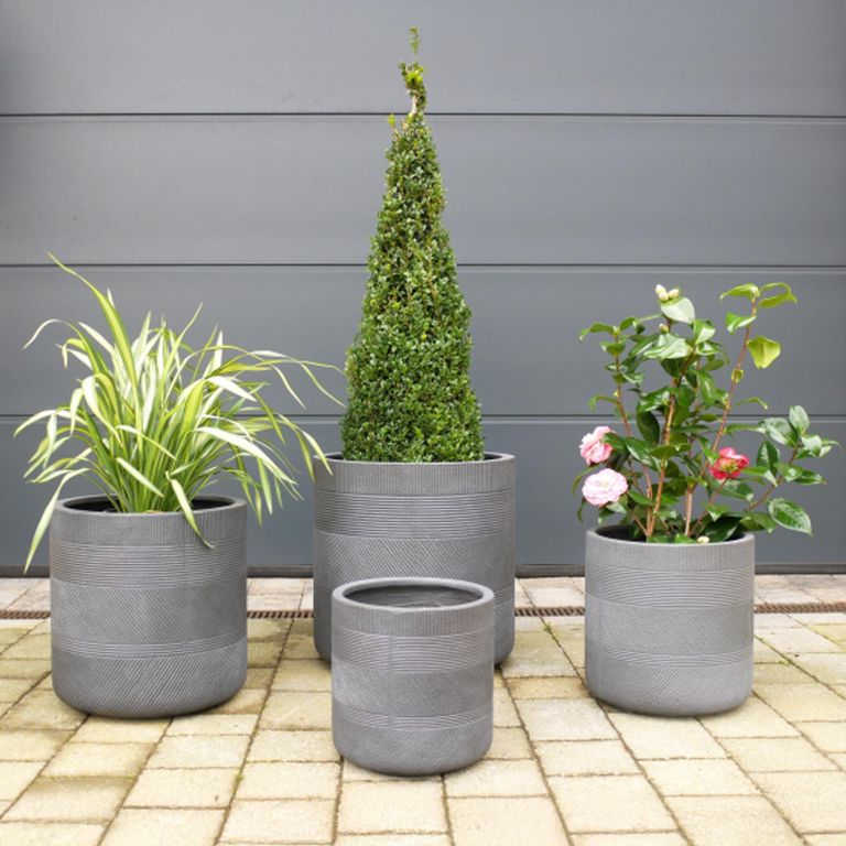 Garden Planter - Set of 4 - Round - Grey - Fibre Clay