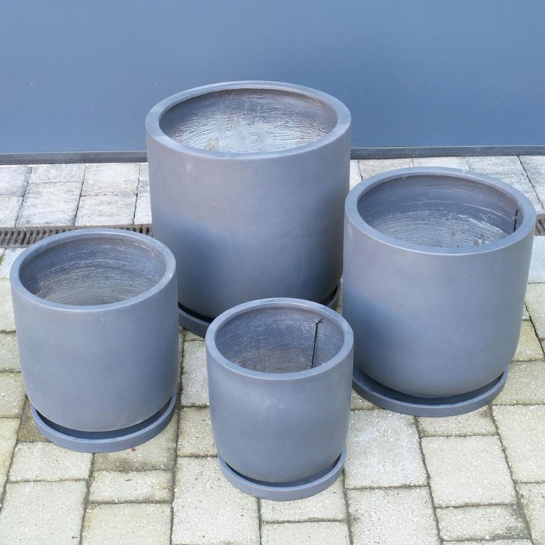 Garden Planter - Set of 4 - Round - with Saucers - Blue - Fibre Clay