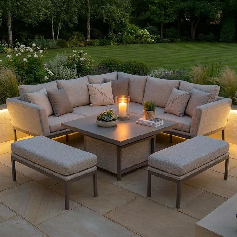 Pulse Square Corner Garden Dining Set - Rising Table - Ceramic Top - Latte