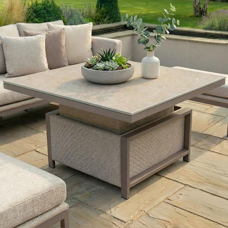 Pulse Square Corner Garden Dining Set - Rising Table - Ceramic Top - Latte