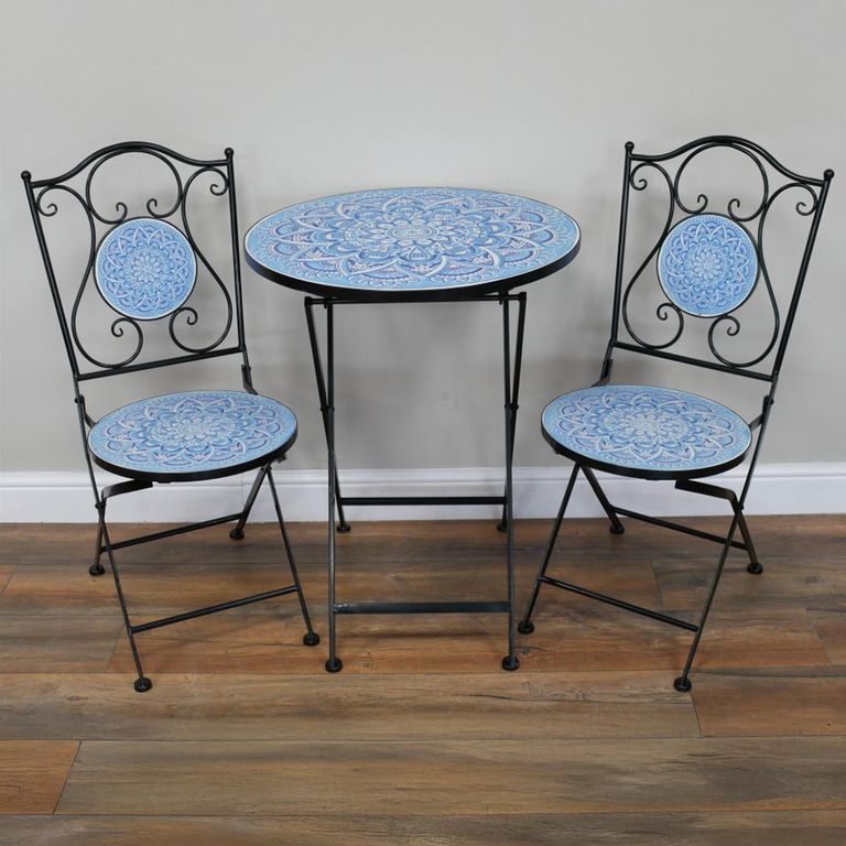 Mykonos Mosiac Garden Bistro Set - Round - Blue and Black - Metal - 2 Chairs