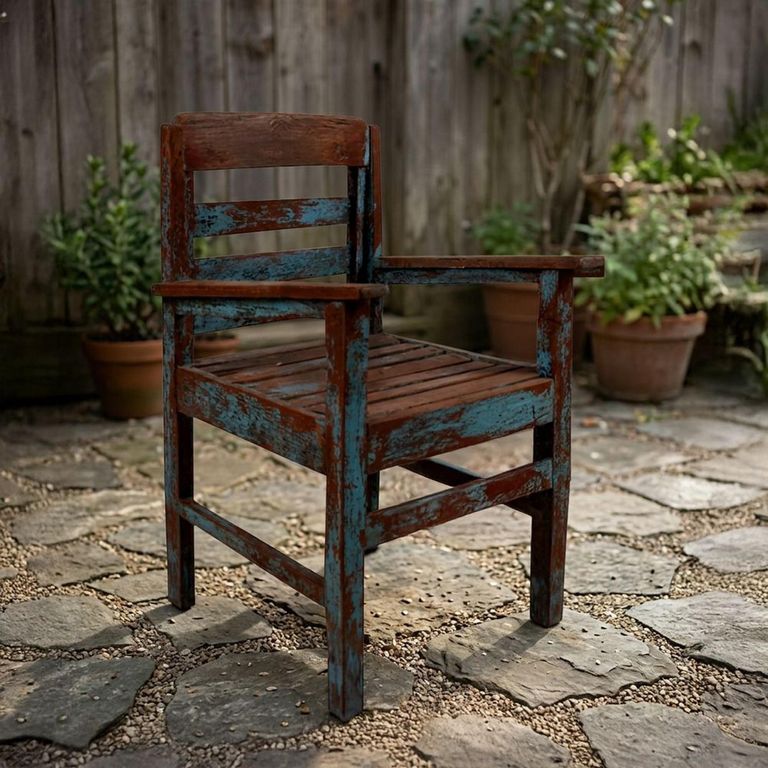 Unique One of a Kind - Distressed Outdoor Armchair - Blue and Brown - Reclaimed Wood