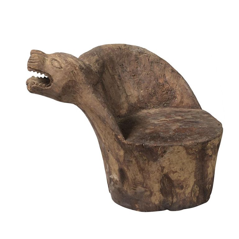 Unique One of a Kind - Distressed Outdoor Animal Accent Chair - Hand Carved - Natural - Wooden