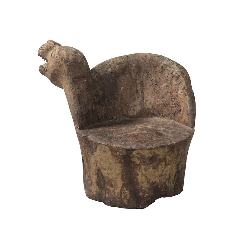Unique One of a Kind - Distressed Outdoor Animal Accent Chair - Hand Carved - Natural - Wooden