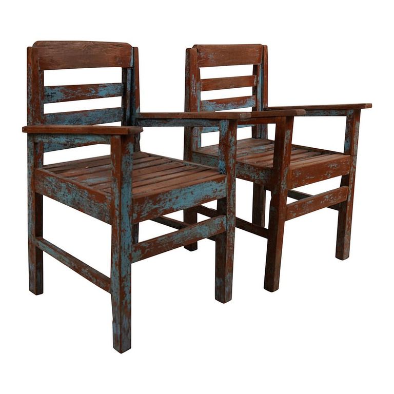 Unique One of a Kind - Distressed Outdoor Armchair - Blue and Brown - Reclaimed Wood