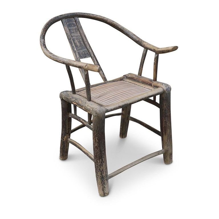 Unique One of a Kind - Outdoor Horseshoe Armchair - Handcrafted - Curved Back - Natural Weathered - Elm Wood