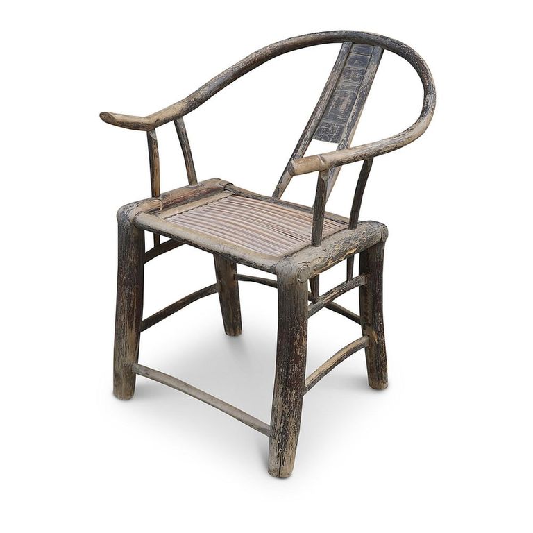 Unique One of a Kind - Outdoor Horseshoe Armchair - Handcrafted - Curved Back - Natural Weathered - Elm Wood