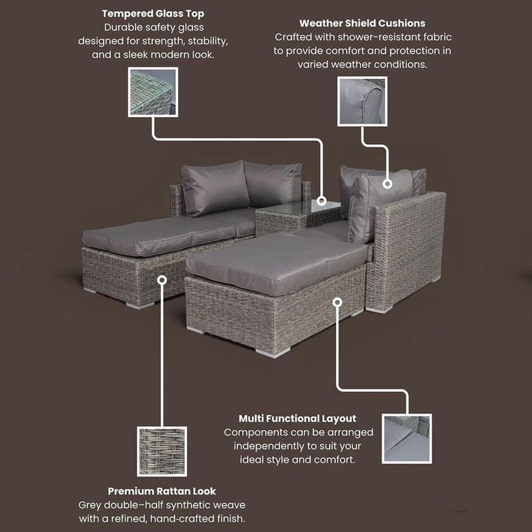 Paris Garden Relaxer Set - 4 Seater - Multi Setting - Grey - Rattan