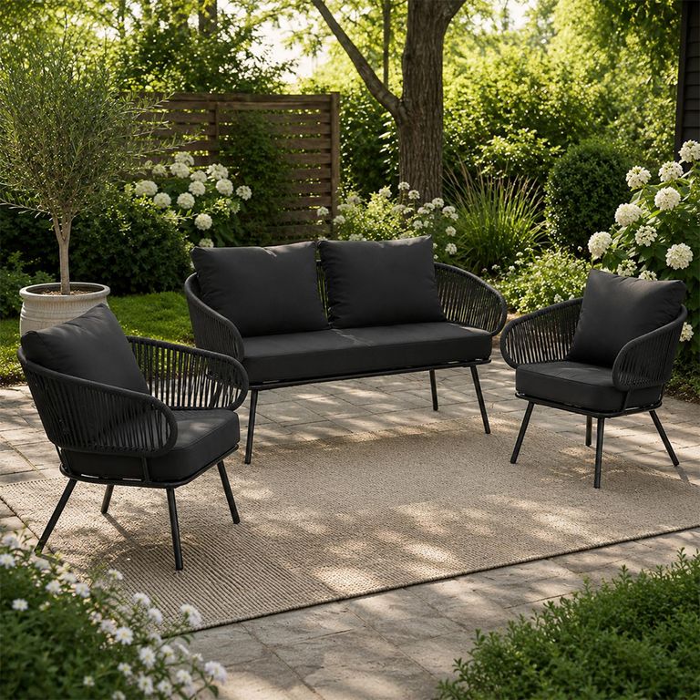 Poa Outdoor Sofa Set - 2+1+1 Seater - Black - Rattan and Metal