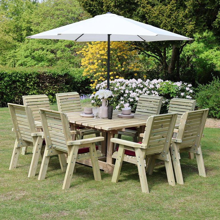 Ergo Garden Table Set - Square - 8 Chairs - Redwood