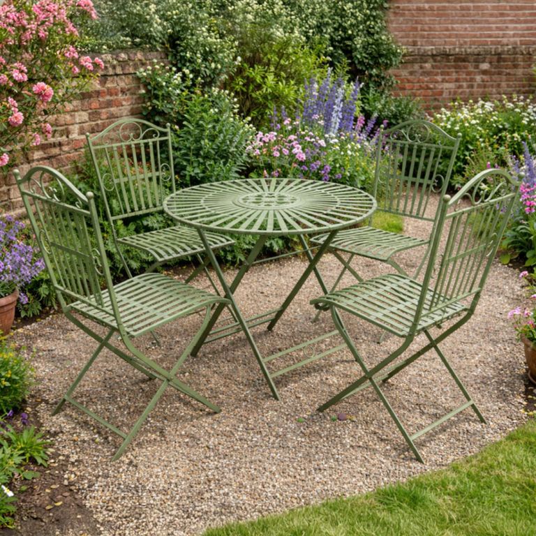 Antique Green Metal Round Garden Table with 4 Chairs