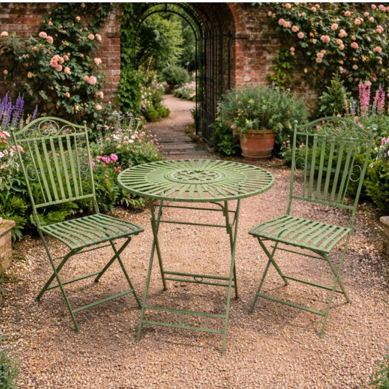 Antique Green Round Garden Table with 2 Chairs