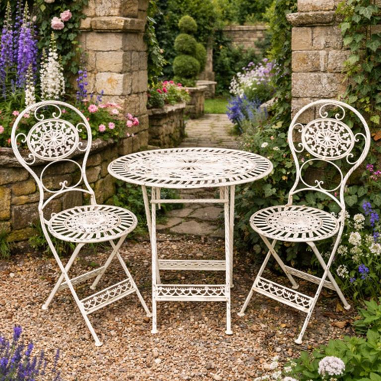 Distressed White Metal Oval Garden Table with 2 Chairs