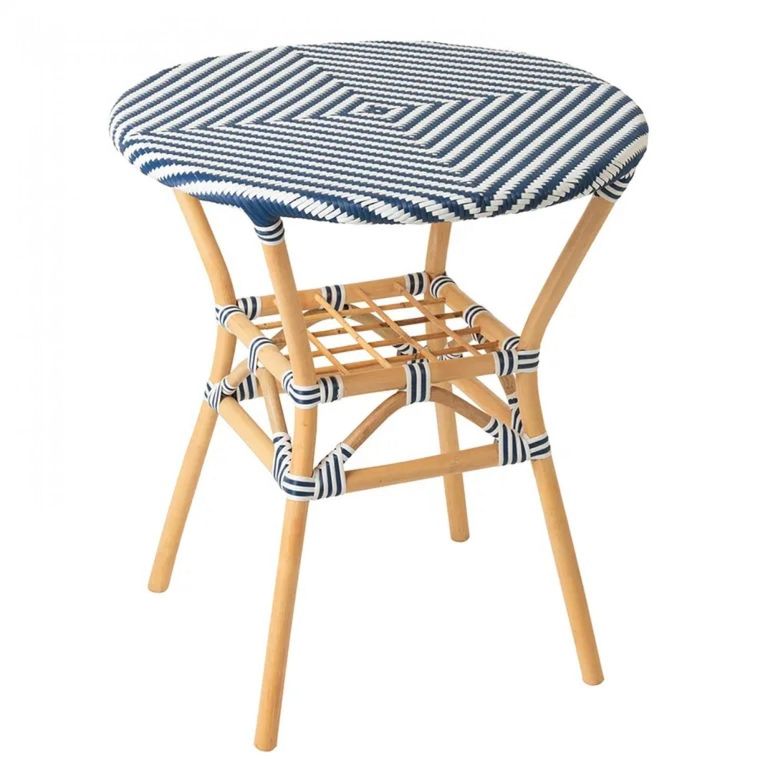 Geo Outdoor Dining Table - 70cm - 2 Seater - Round - Blue and White - Rattan and Bamboo Wood