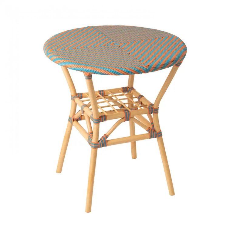 Geo Outdoor Dining Table - 70cm - 2 Seater - Round - Orange and Turquoise - Rattan and Bamboo Wood