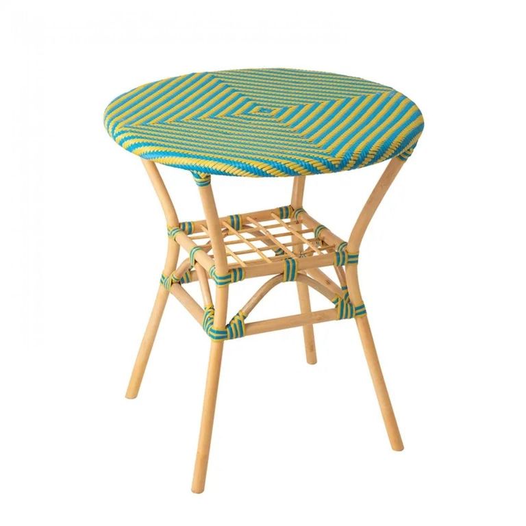 Geo Outdoor Dining Table - 70cm - 2 Seater - Round - Yellow and Azure Blue - Rattan and Bamboo Wood