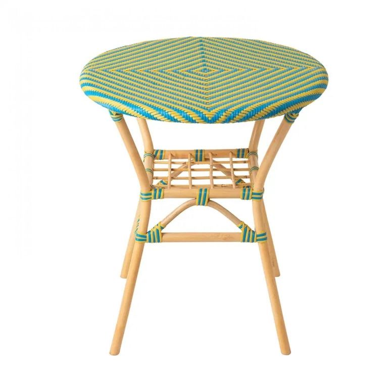 Geo Outdoor Dining Table - 70cm - 2 Seater - Round - Yellow and Azure Blue - Rattan and Bamboo Wood
