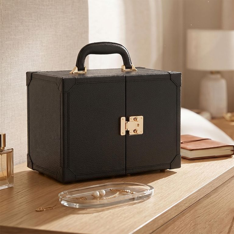 Artificial Jewellery Case - with Handle - Black - Leather and Wood