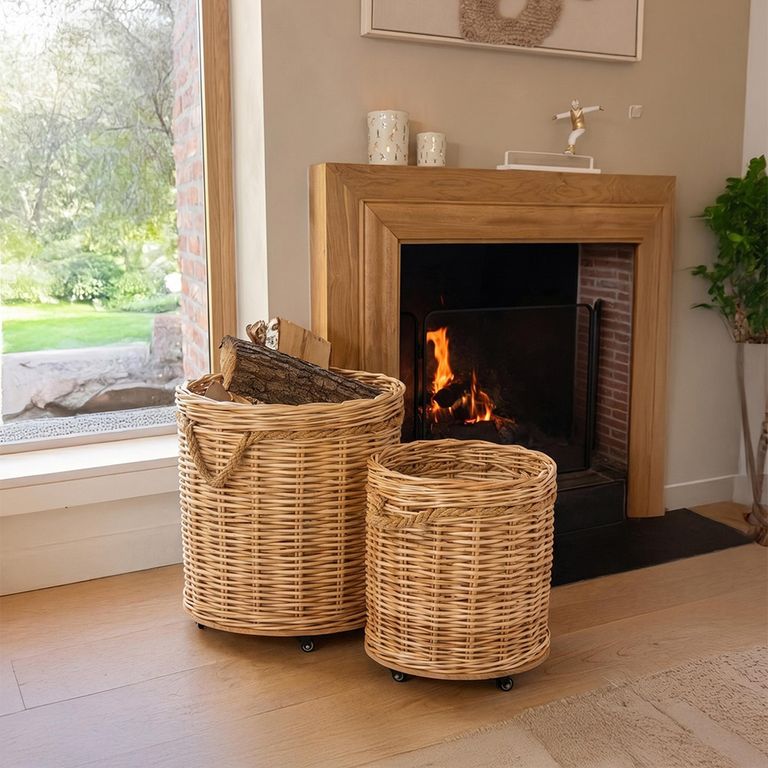 Flowerpot Storage Basket - Set of 2 - Round - On Wheels - Natural - Wicker and Bamboo Wood