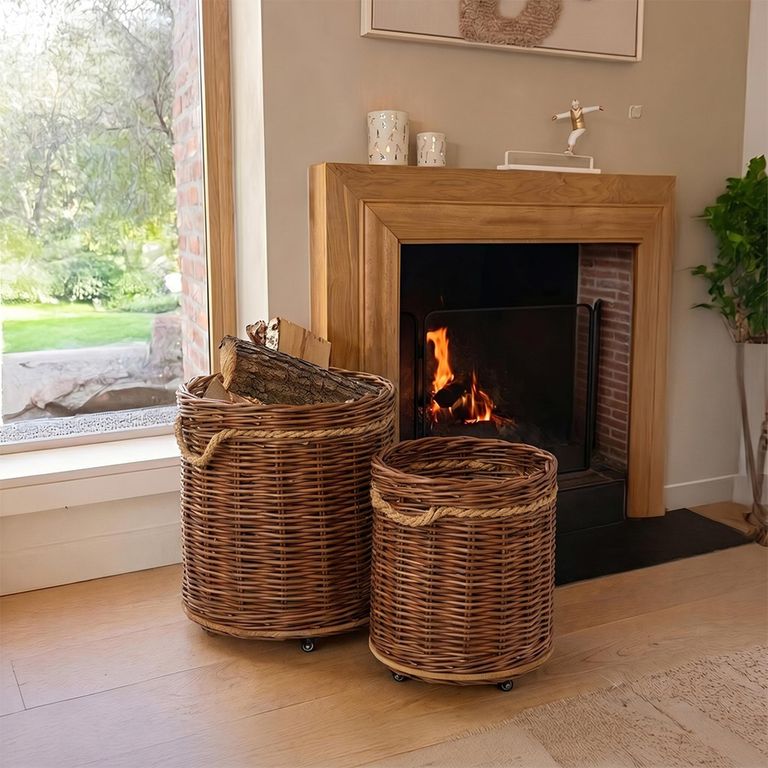 Flowerpot Storage Basket - Set of 2 - Round - On Wheels - Rust Brown and Natural - Wicker and Bamboo Wood