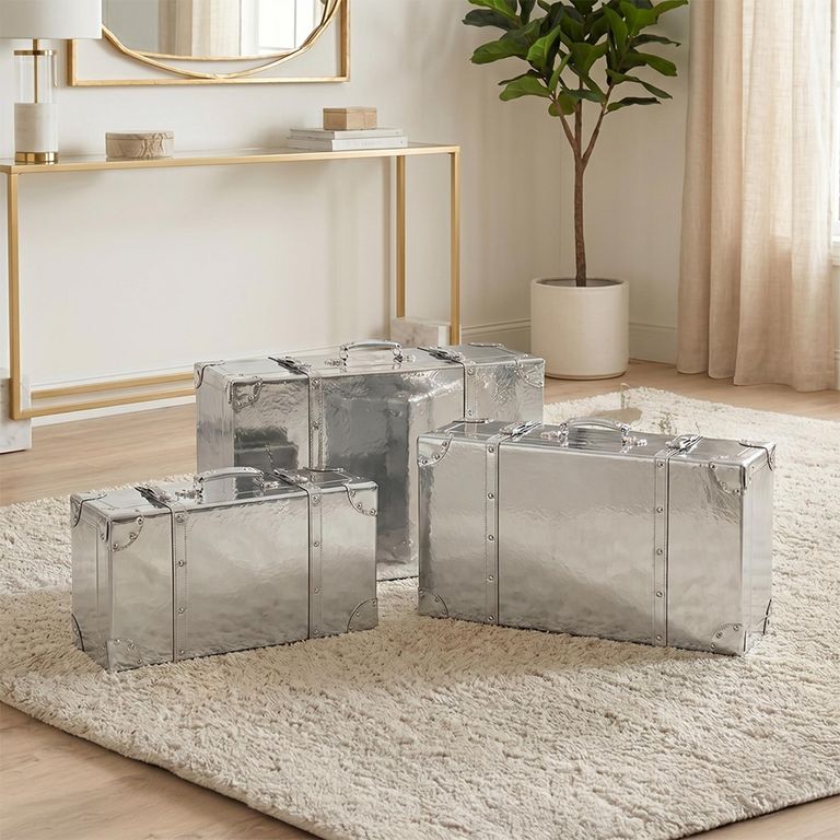 Shiny Storage Box - Set of 3 - Silver - Wood