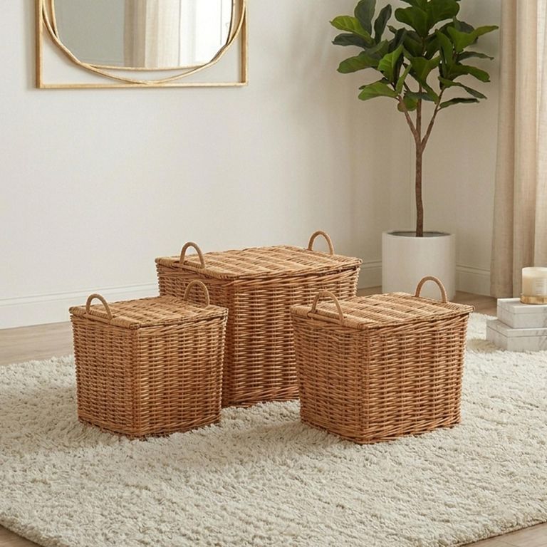 Storage Basket - Set of 3 - with Handles - Natural - Wicker and Bamboo Wood