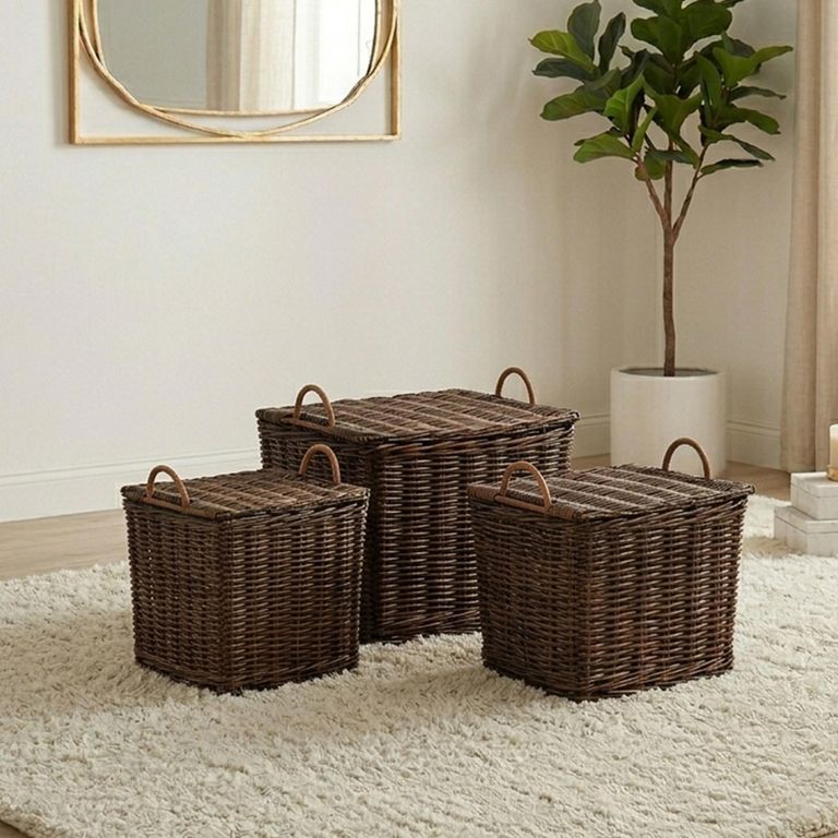 Storage Basket - Set of 3 - with Handles - Rust Brown and Natural - Wicker and Bamboo Wood
