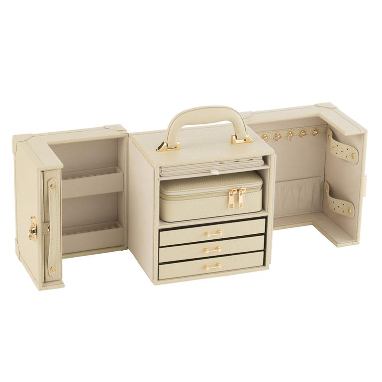 Artificial Jewellery Case - with Handle - Beige - Leather and Wood