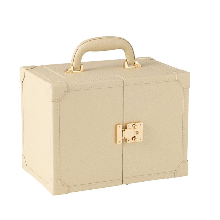 Artificial Jewellery Case - with Handle - Beige - Leather and Wood