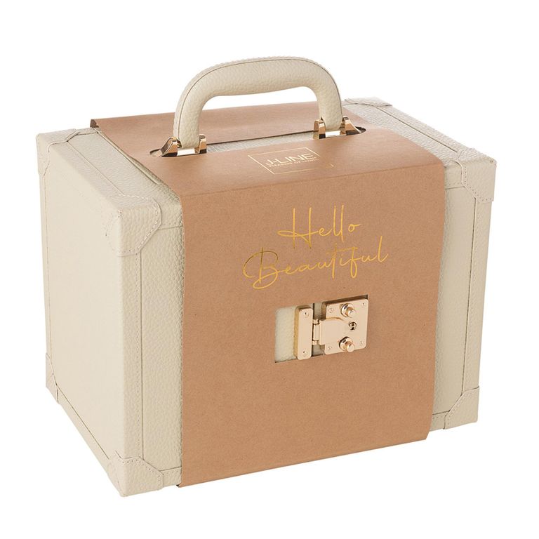 Artificial Jewellery Case - with Handle - Beige - Leather and Wood