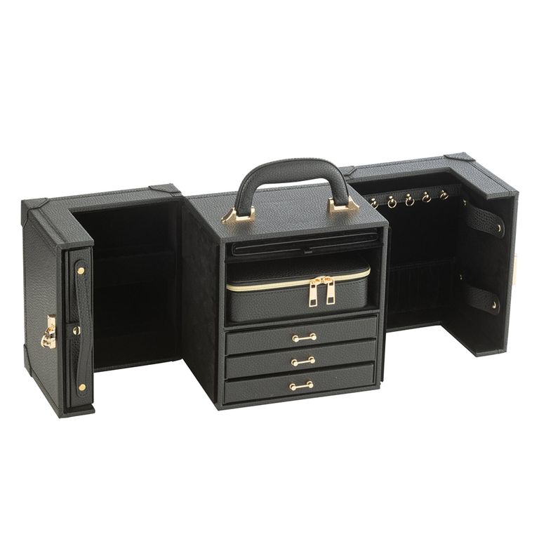Artificial Jewellery Case - with Handle - Black - Leather and Wood