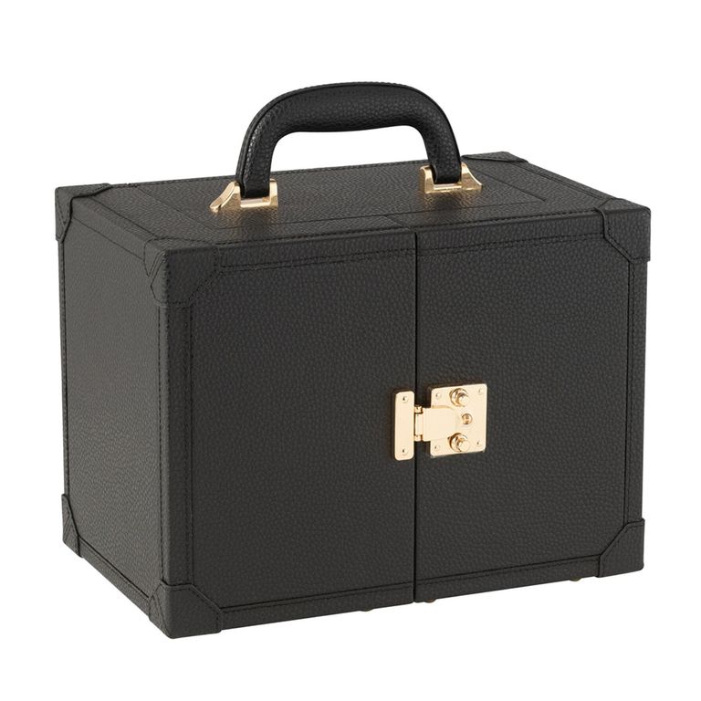 Artificial Jewellery Case - with Handle - Black - Leather and Wood