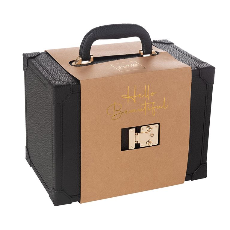 Artificial Jewellery Case - with Handle - Black - Leather and Wood