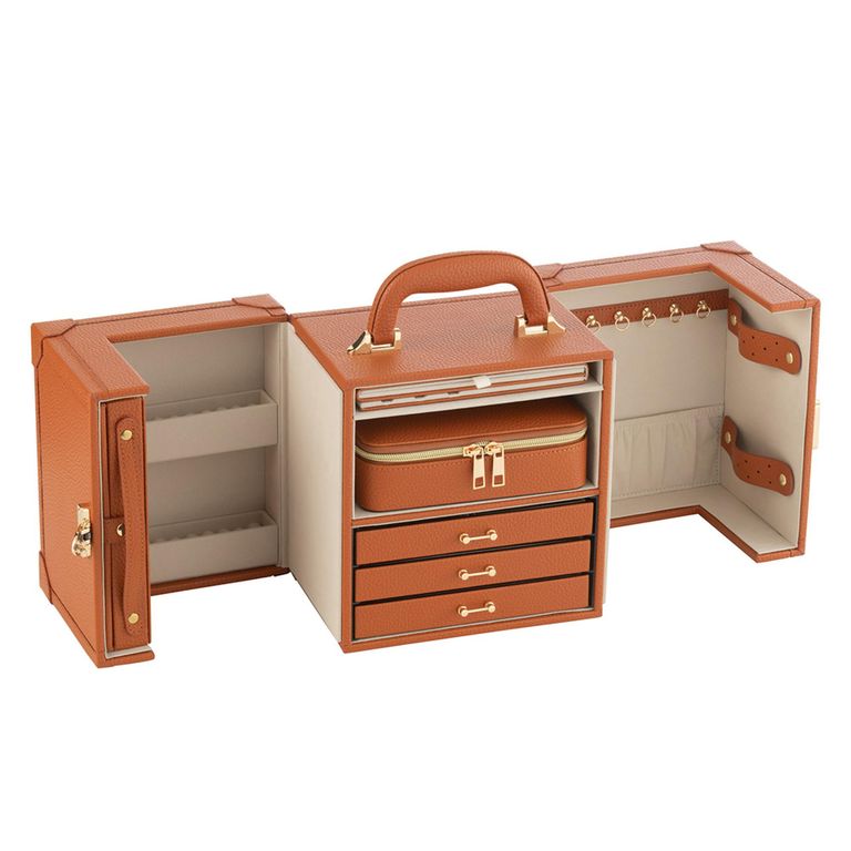 Artificial Jewellery Case - with Handle - Cognac - Leather and Wood