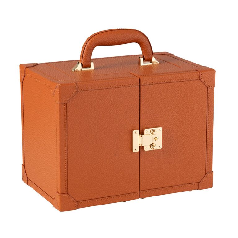 Artificial Jewellery Case - with Handle - Cognac - Leather and Wood