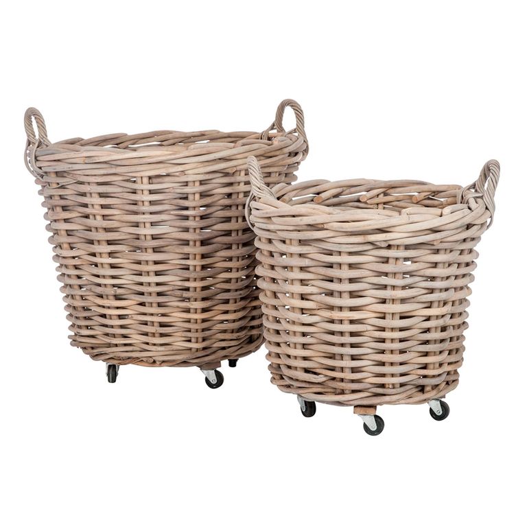 Basket - Set of 2 - Round - on Wheels - Natural - Rattan and Bamboo Wood